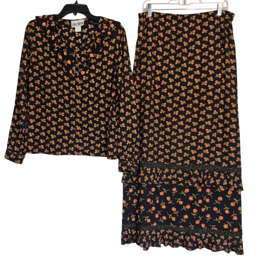 Vintage Lori Lundon Cottagecore Ruffle Black Orange Floral Top Skirt Fall